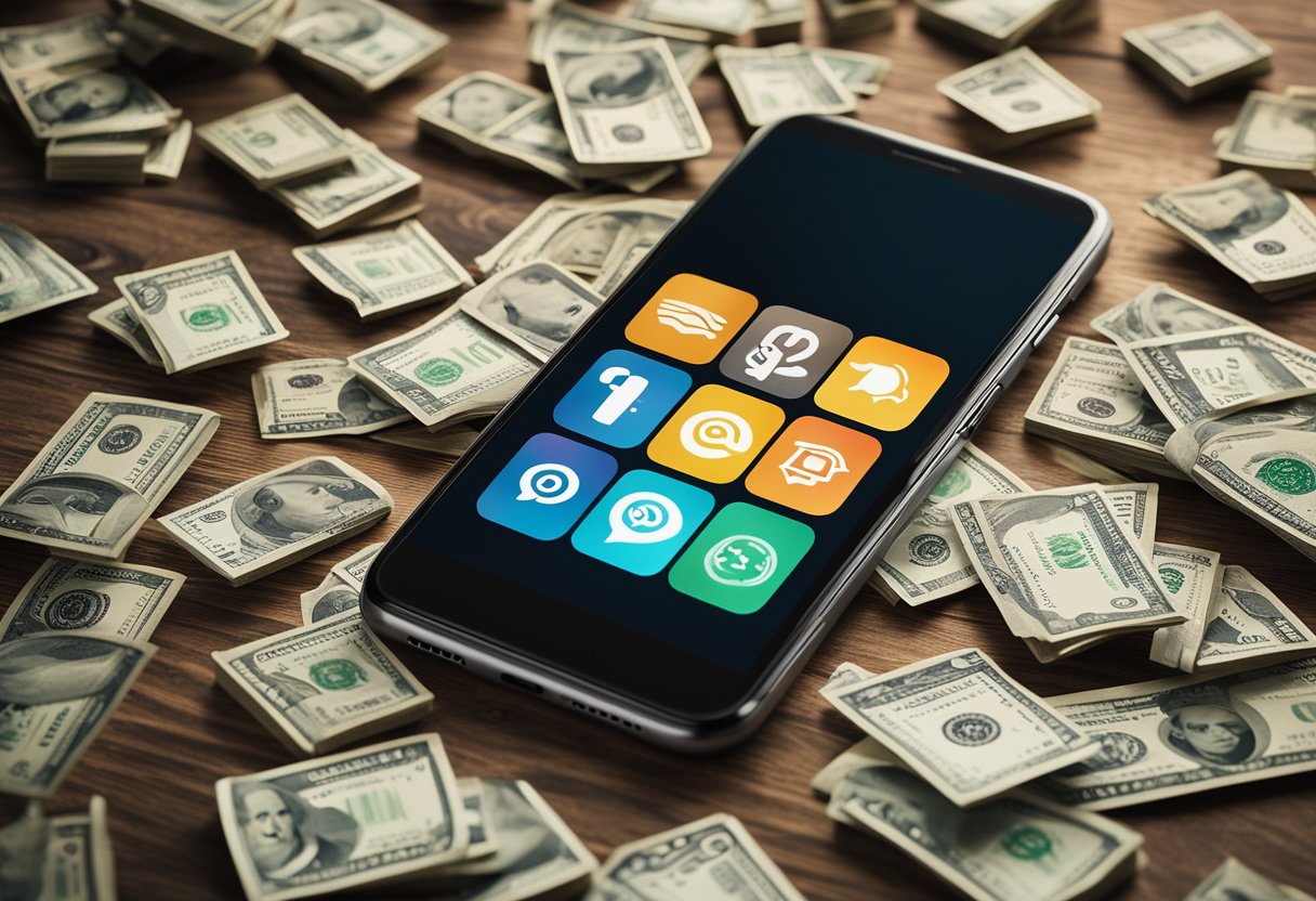 A smartphone with multiple money-making app icons displayed, surrounded by various items representing different side hustle opportunities