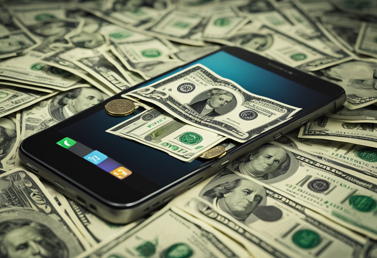 A smartphone with various money-making apps displayed. Cash, coins, and dollar signs floating around the device, symbolizing earnings