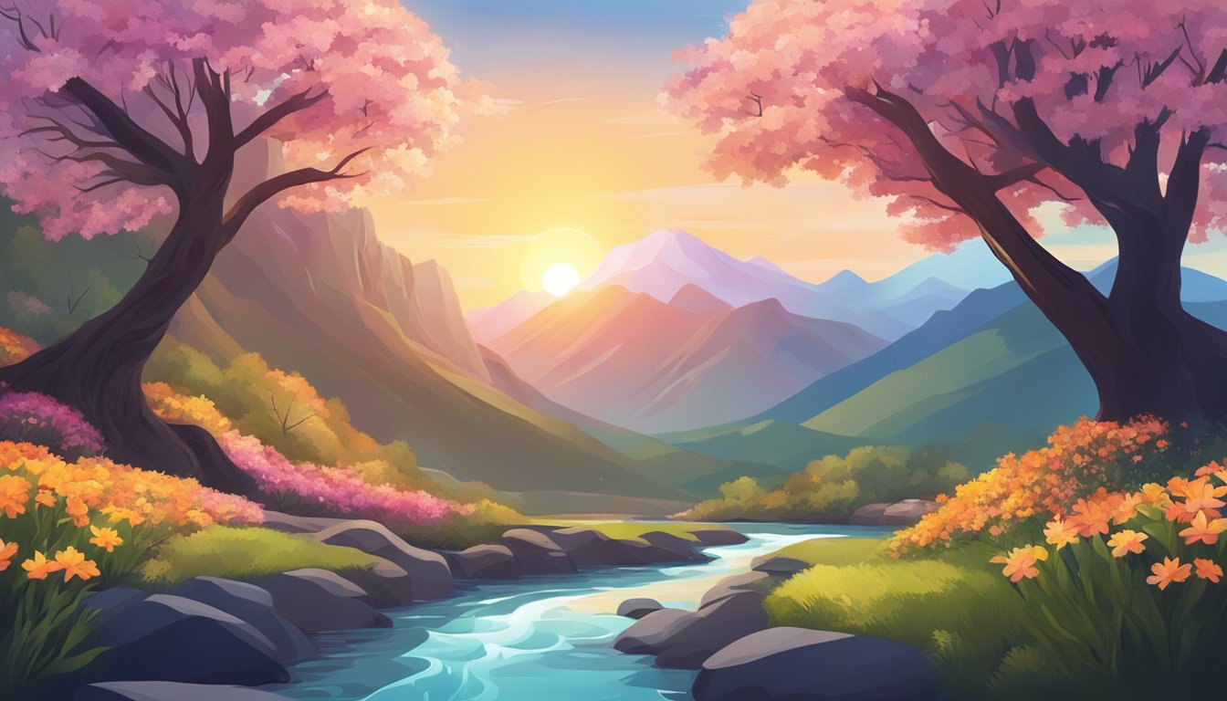 A sun setting behind a mountain, casting long shadows.</p><p>A tree with roots reaching into a flowing river, surrounded by blooming flowers