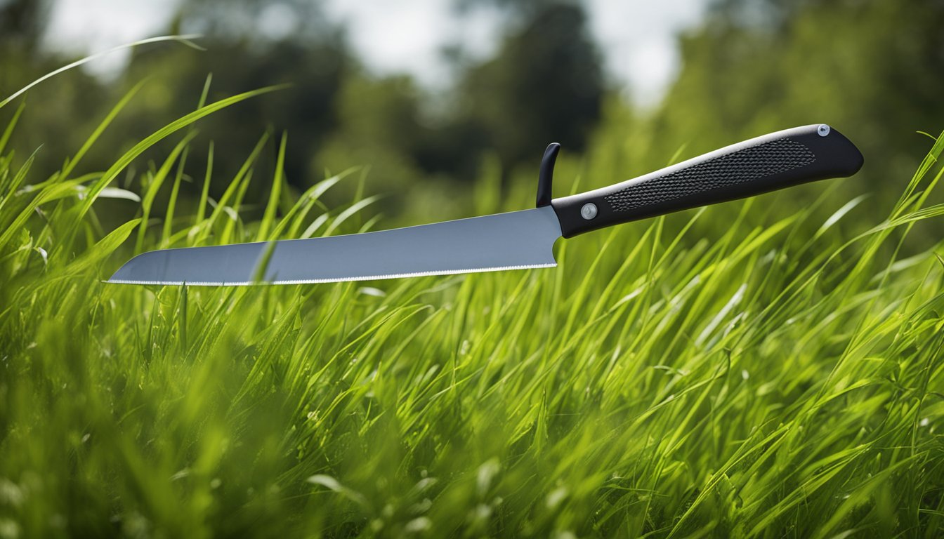 A sleek garden machete with a comfortable, ergonomic handle, cutting through tall grass and weeds with ease