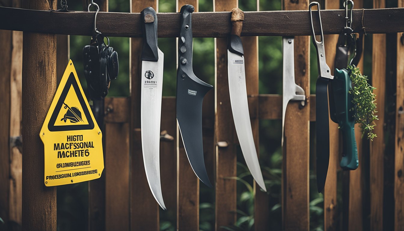 A garden machete hangs on a hook, surrounded by safety guidelines and warning signs