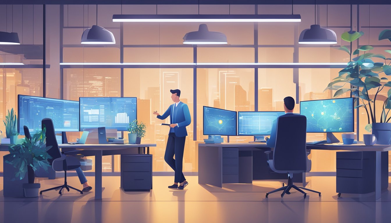 A traditional business office with AI technology integrated into daily operations. Computer screens display data analysis and automation processes. Employees collaborate with AI tools to streamline tasks