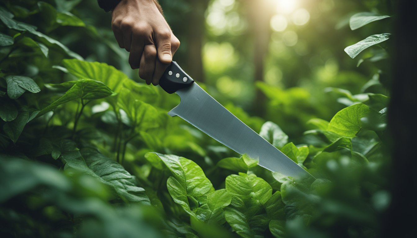 A garden machete slicing through thick vegetation, with a handle gripped firmly and the blade cutting cleanly