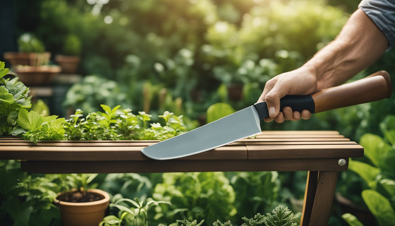 A hand reaches for a garden machete on a tool rack among various gardening implements in a lush, green garden setting