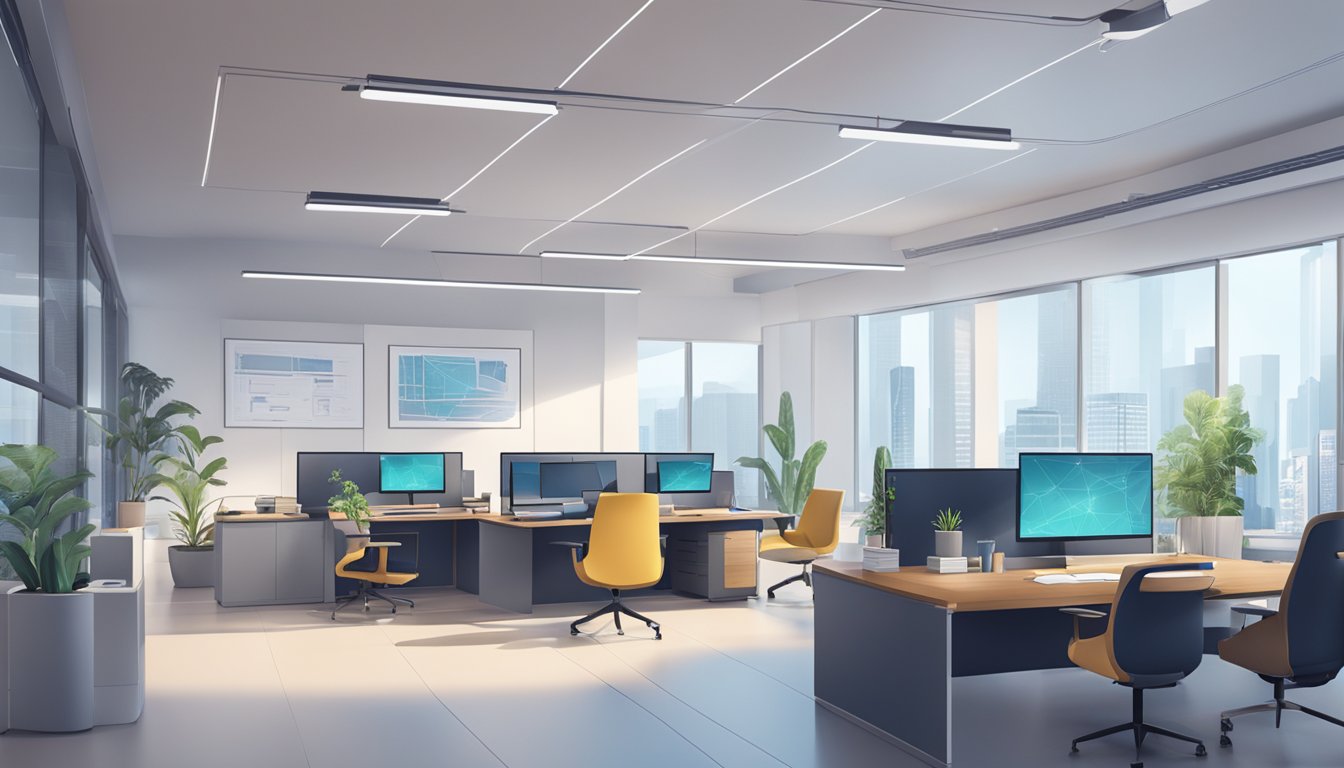 A modern office space with advanced technology and interconnected systems, showcasing seamless integration of AI into traditional business operations