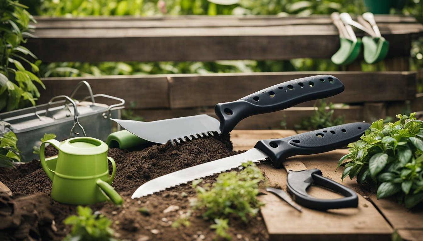 A garden machete lies next to a pile of gardening accessories and add-ons, including gloves, shears, and a watering can