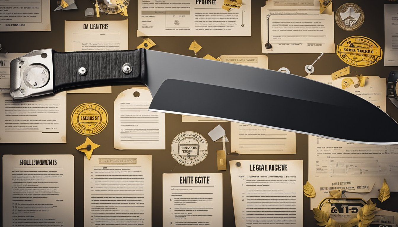A garden machete hangs on a wall, surrounded by warning signs and legal documents