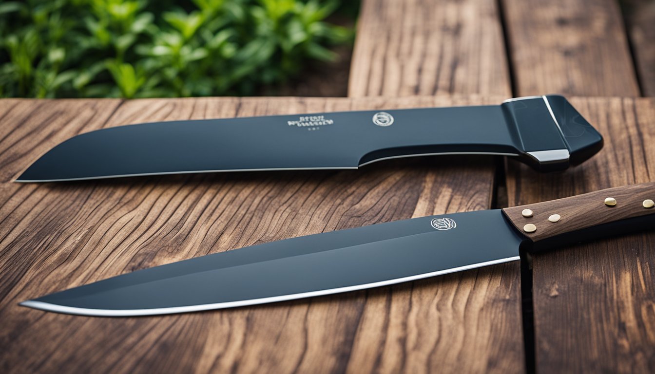A modern garden machete with a sleek, ergonomic handle and a curved, razor-sharp blade, featuring innovative design elements and trendy color accents