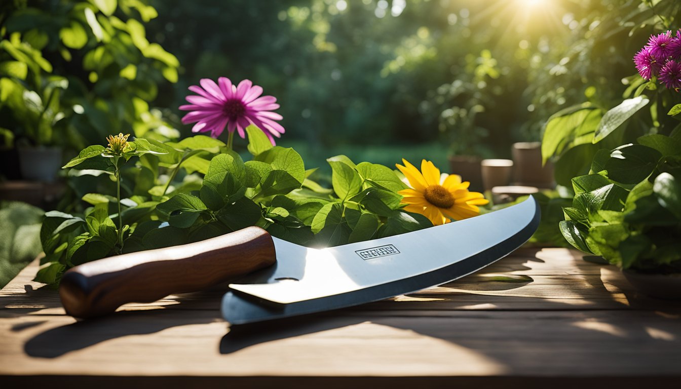 A garden machete rests on a wooden table surrounded by lush green plants and vibrant flowers. Sunshine filters through the leaves, casting dappled shadows on the scene