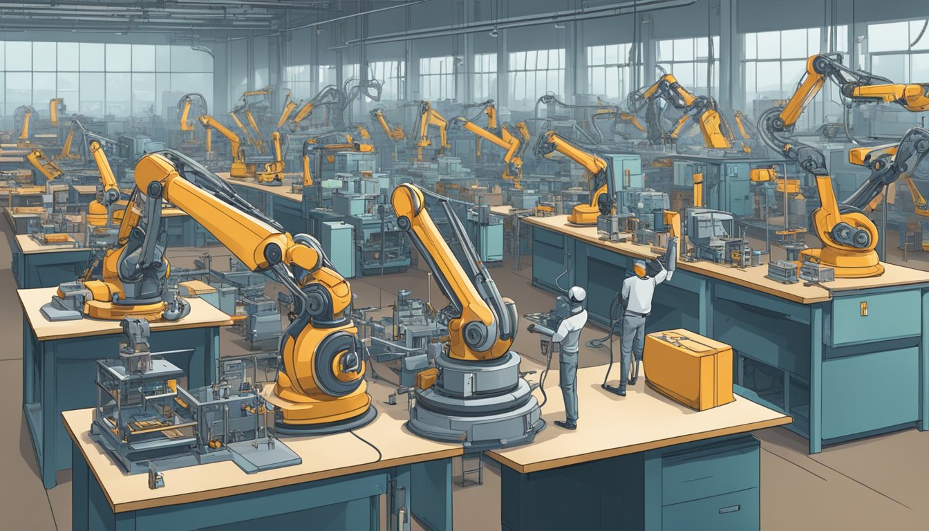 Robotic arms assembling products, while workers watch helplessly. The factory is filled with machines, but devoid of human touch