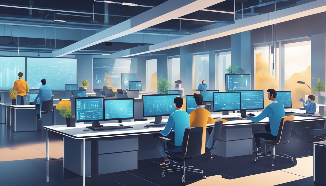 AI robots working in a modern office, processing data and performing tasks efficiently. The room is filled with advanced technology and monitors displaying complex algorithms