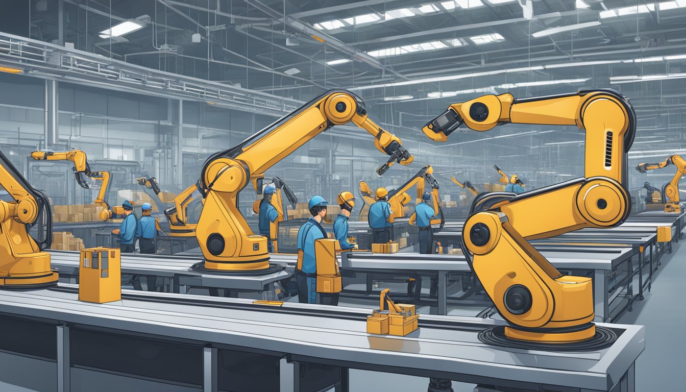 Robotic arms assembling products on a factory line, while workers are being replaced by AI technology. Conveyor belts and machines in the background