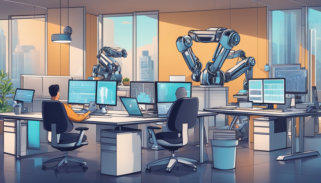 A modern office setting with AI-powered machines and robots performing tasks. Computer screens display data and graphs, while robotic arms move objects