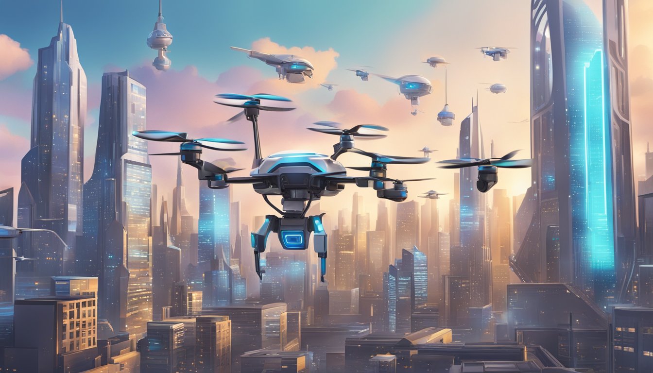 A futuristic city skyline with AI-powered drones and robots working in factories, surrounded by financial charts and investment graphs