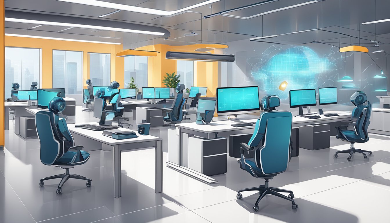 A futuristic office setting with AI-powered devices and robots streamlining tasks for increased efficiency and productivity
