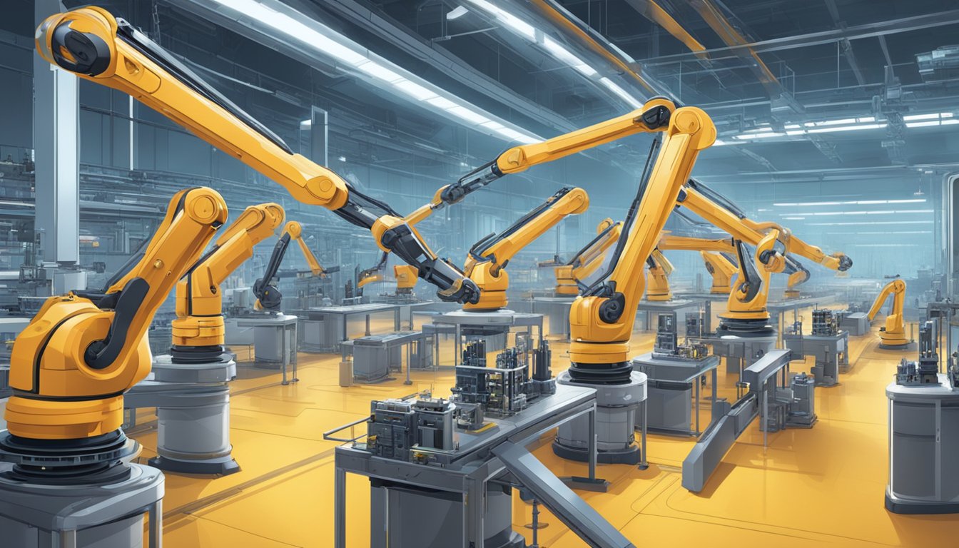 Robotic arms swiftly assemble products in a futuristic factory, while AI algorithms optimize processes. The scene is filled with advanced technology and a sense of innovation
