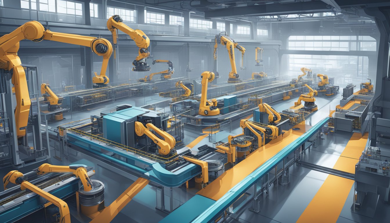 A futuristic factory floor with robotic arms and conveyor belts, showcasing advanced AI automation technology in action