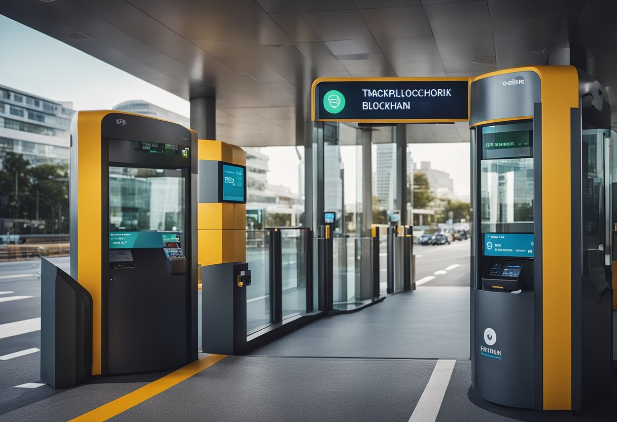 A toll booth with a transparent, secure blockchain network integrated into the payment system, ensuring efficient and tamper-proof transactions