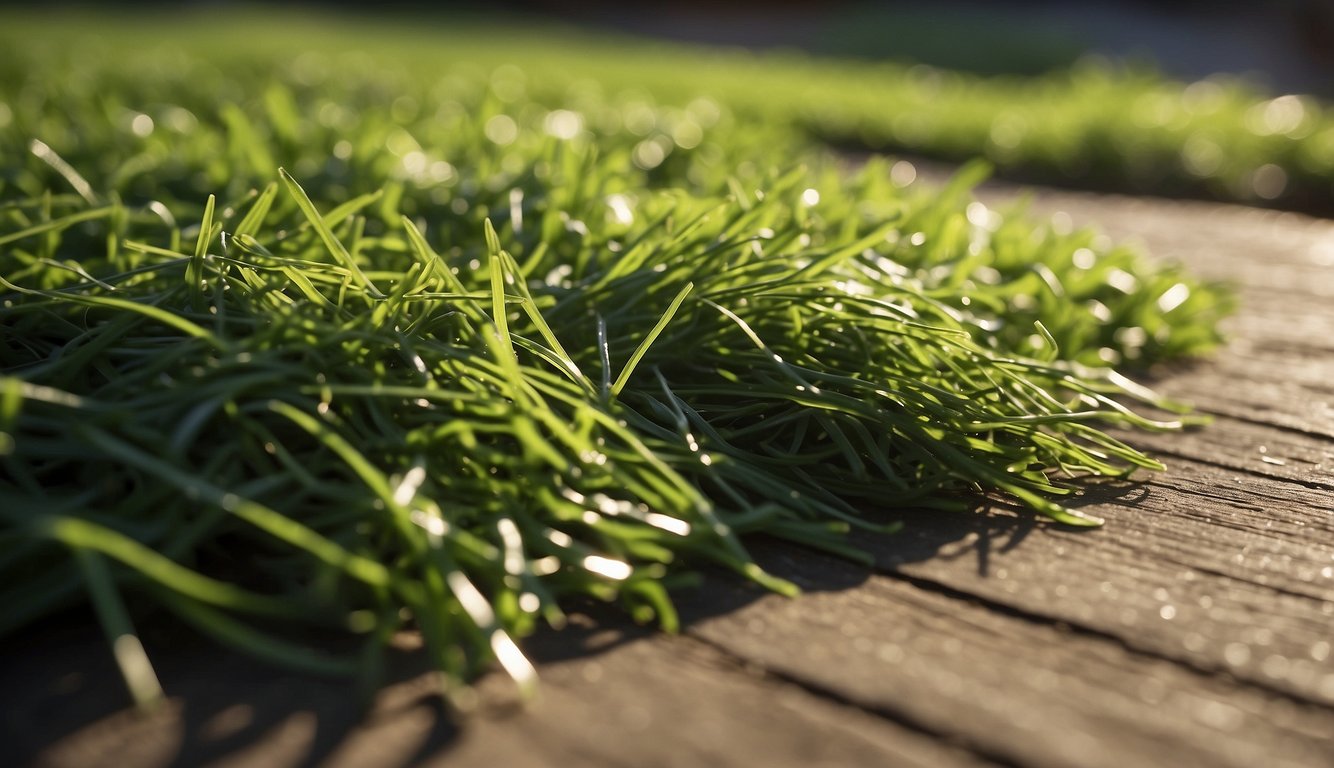 Freshly cut grass clippings spread out on a flat surface, exposed to sunlight and air for drying