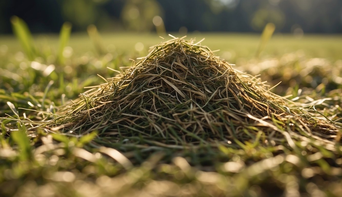 A pile of dried grass clippings sits in a sunny, open area. The grass is spread out evenly and appears light and fluffy