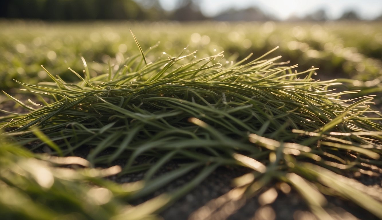 Dried grass clippings spread on a flat surface under the sun, with occasional turning to ensure even drying