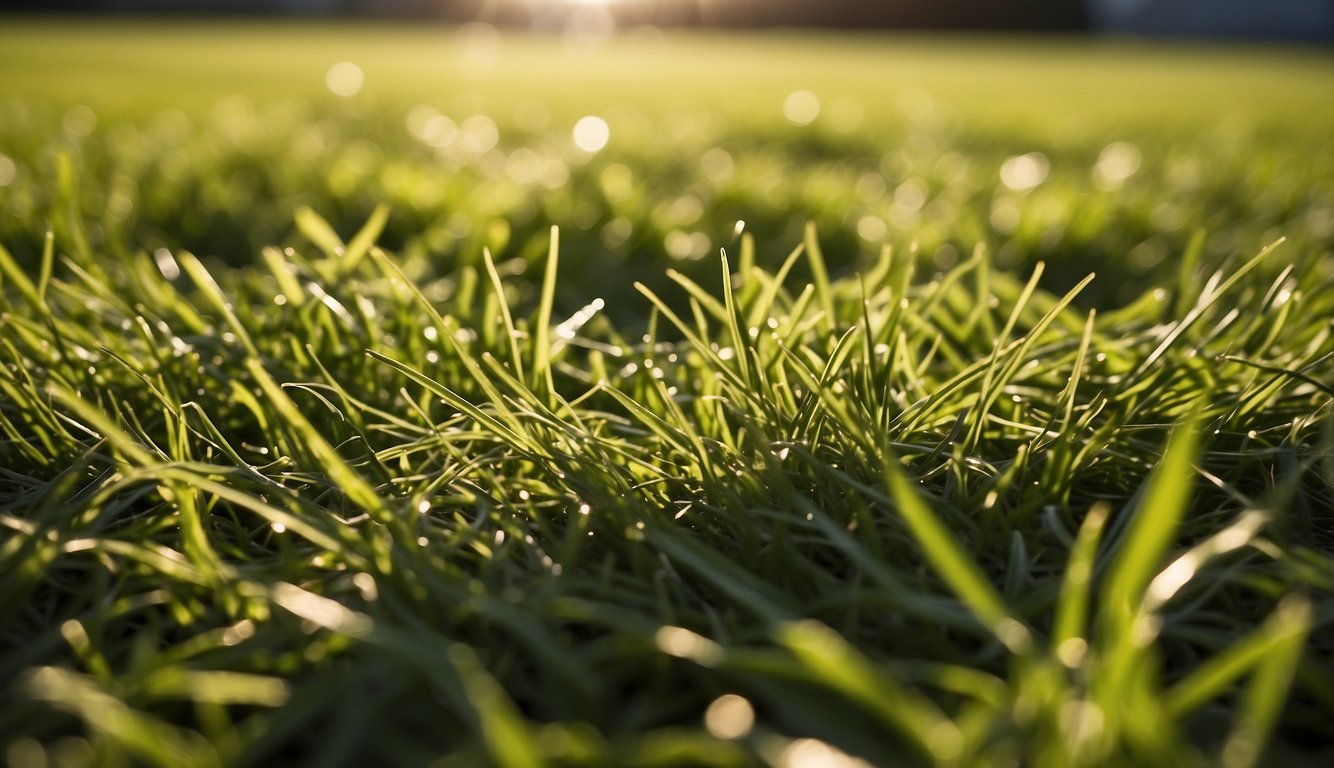 Freshly cut grass clippings spread out on a sunny lawn, slowly drying under the warm rays of the sun