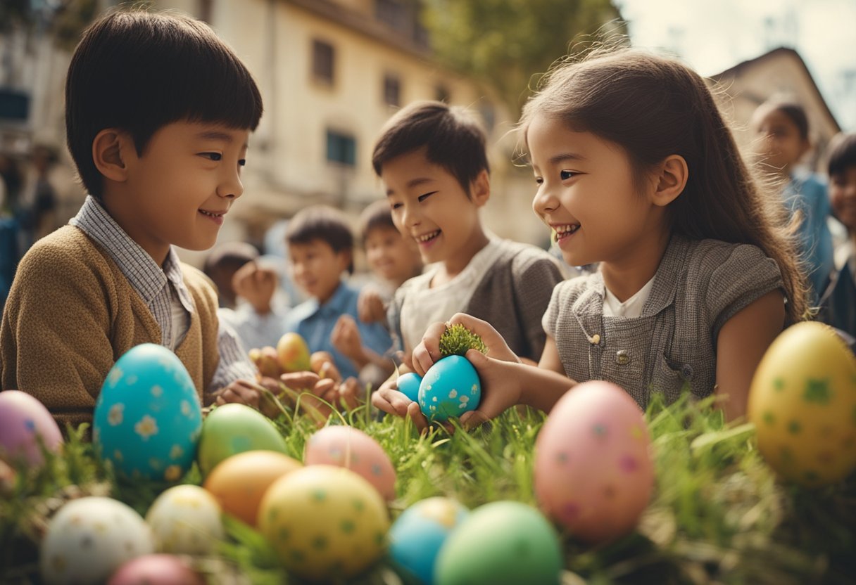 Easter traditions abroad. Children engaged in activities. Depicting cultural customs