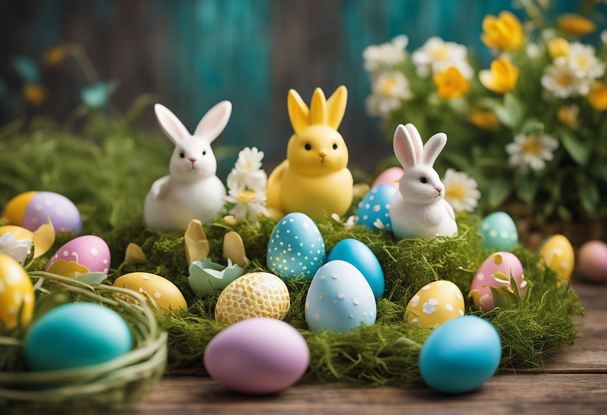 Easter decorations in progress, children's activities, traditional or foreign. Capture the festive scene with vibrant colors and playful elements