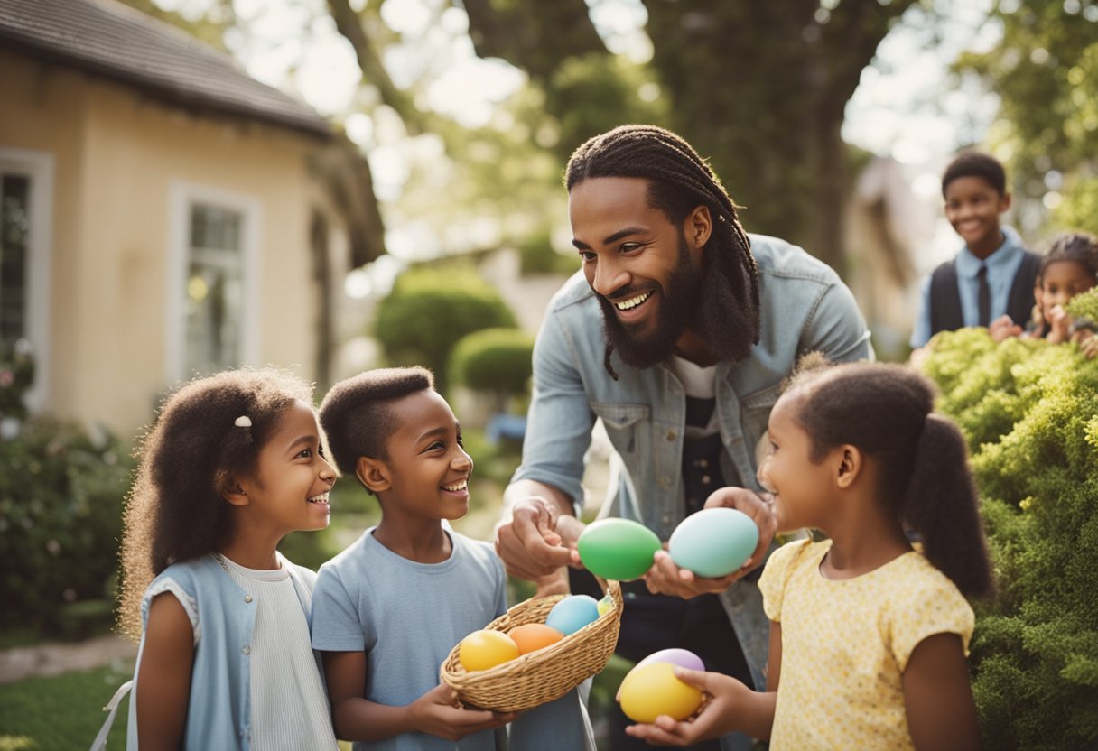 Neighbors exchanging Easter traditions with children, discussing local and foreign customs. Illustrate a festive gathering with diverse cultural elements