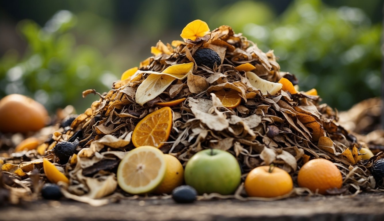 A pile of organic materials like fruit peels, vegetable scraps, and yard waste arranged in layers, with visible decomposition and earthy smell