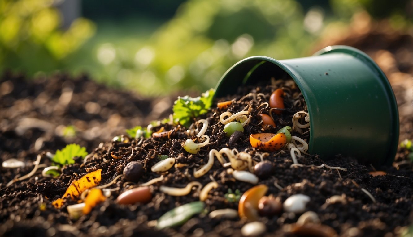 A pile of kitchen scraps, yard waste, and soil mixed together in a bin, with worms wriggling through the mixture. A shovel nearby for turning the compost
