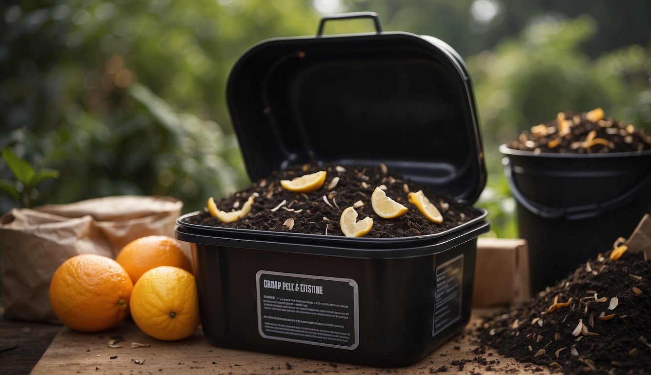 A pile of compost materials, including citrus peels and meat scraps, sits in a homemade compost starter. Labels on the container warn against adding these items