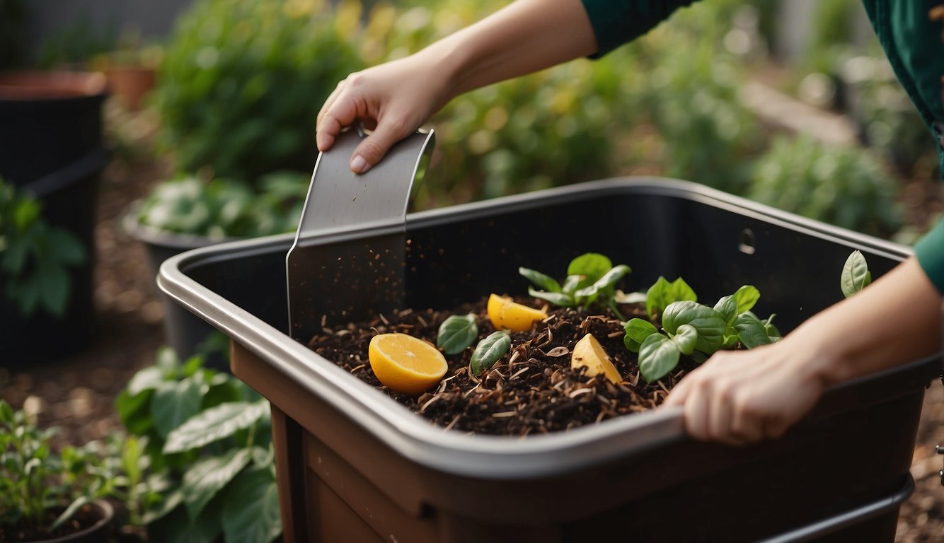 A person pours kitchen scraps into a bin with brown and green materials, mixing with a shovel. The bin sits in a backyard surrounded by plants and a compost thermometer sticks out of the pile