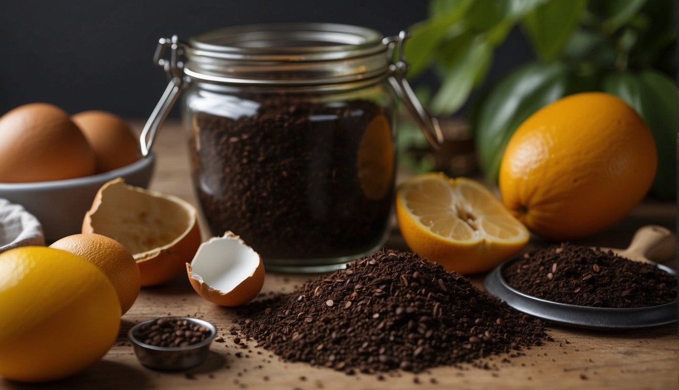 A variety of organic materials, like fruit scraps, coffee grounds, and eggshells, are spread out on a table. A jar of homemade compost starter sits nearby, ready to be mixed in