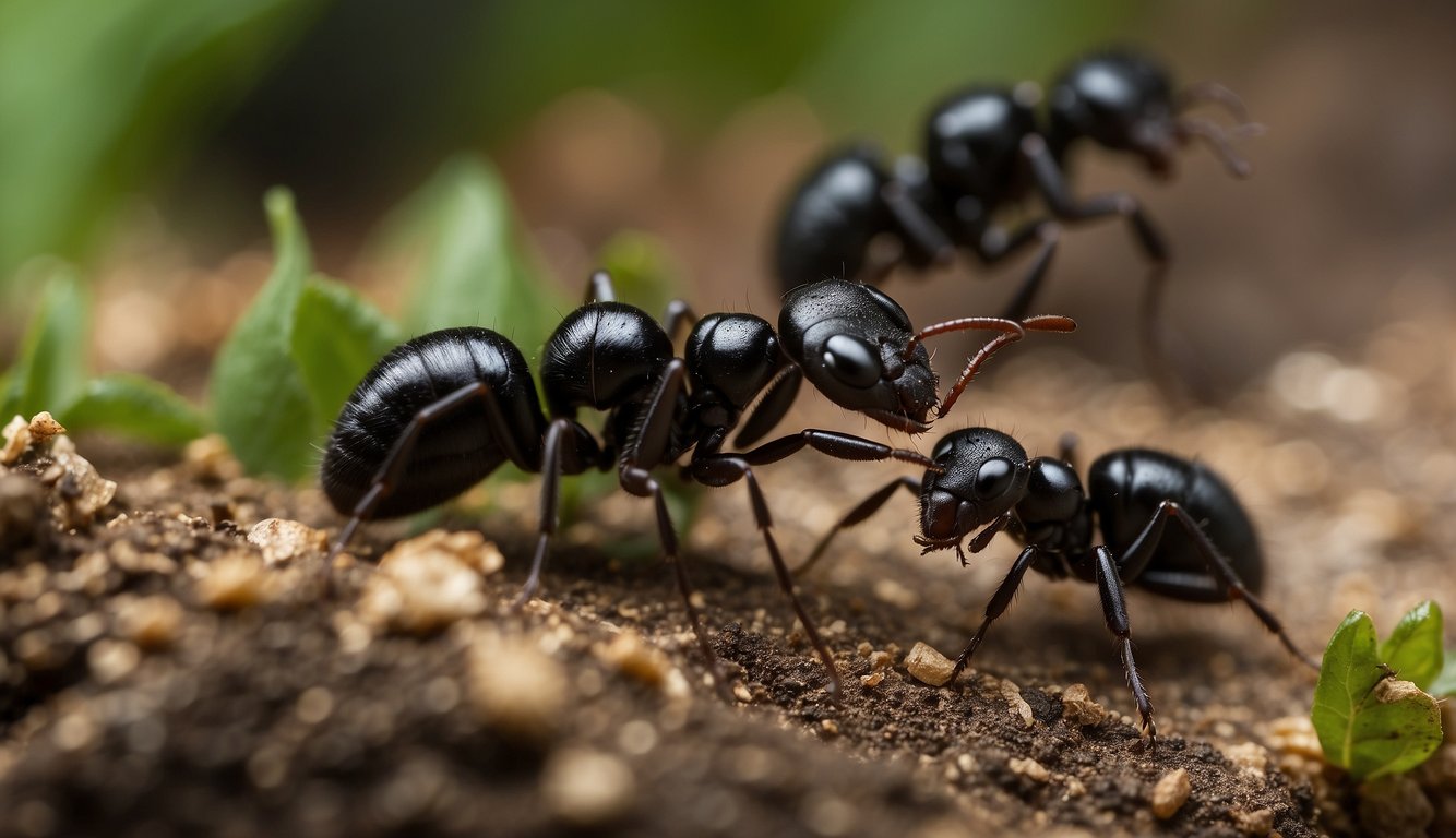 Black house ants gather around a trail of food, communicating with each other using chemical signals. They work together to carry the food back to their nest