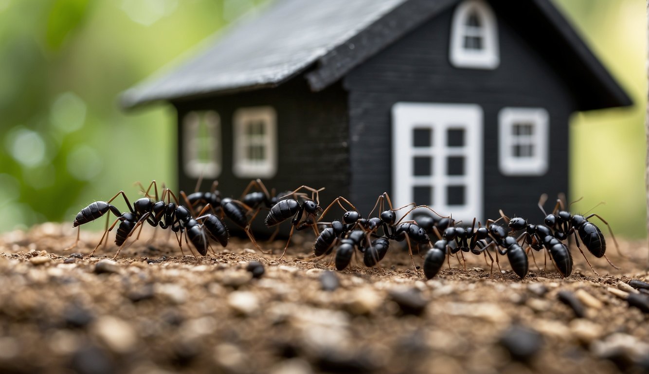 Black ants swarm around a small black house, with an arrow pointing away from the house, indicating the conclusion to get rid of the ants