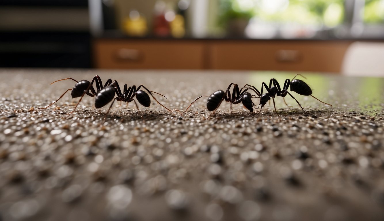 Black house ants crawling around a kitchen counter, with a line of ants leading to a small opening in the wall