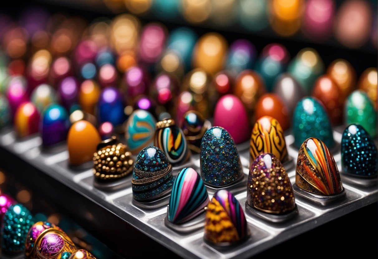 A colorful array of intricate nail designs adorns a display, showcasing the top 20 trends for 2024. Each nail art features bold patterns, vibrant colors, and unique textures, creating a visually stunning presentation