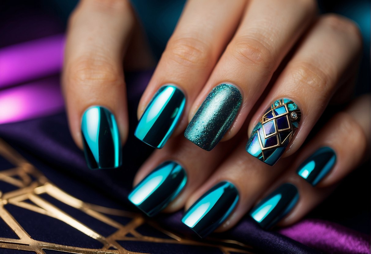 Vibrant colors and geometric patterns dominate the nail designs. Metallic accents and intricate details add a futuristic touch. The designs range from bold and edgy to elegant and sophisticated