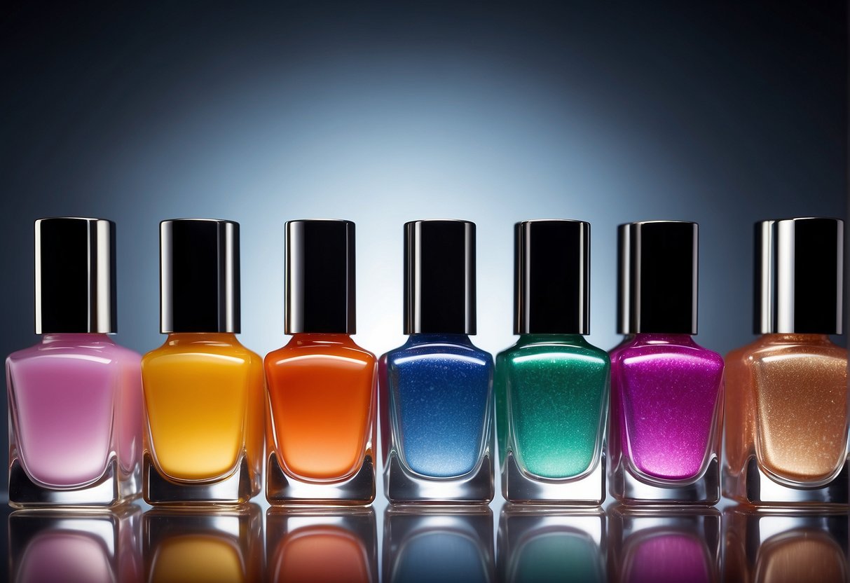 A colorful array of nail polish bottles arranged in a gradient pattern, with trendy and futuristic designs displayed on a sleek, modern surface