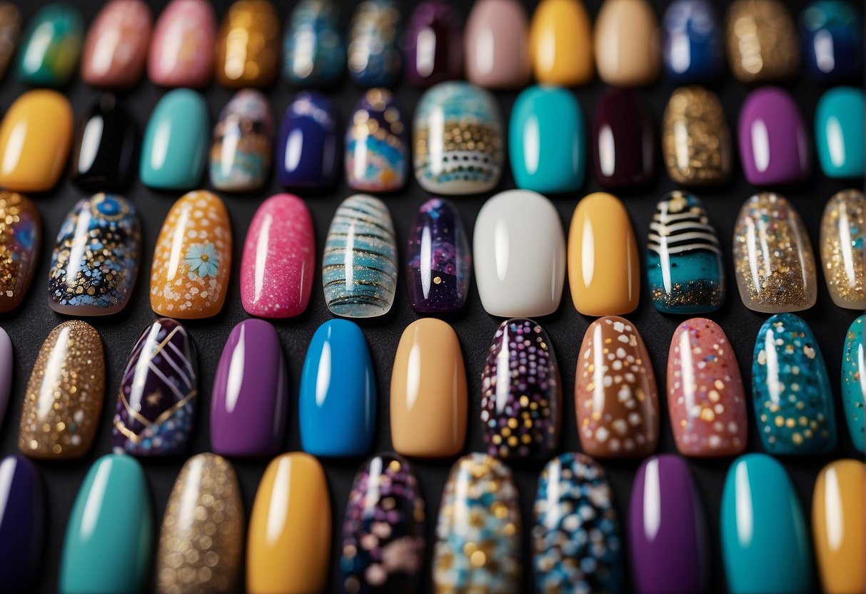 Vibrant colors and intricate patterns cover a variety of nail shapes and lengths, showcasing the latest nail art techniques for 2024
