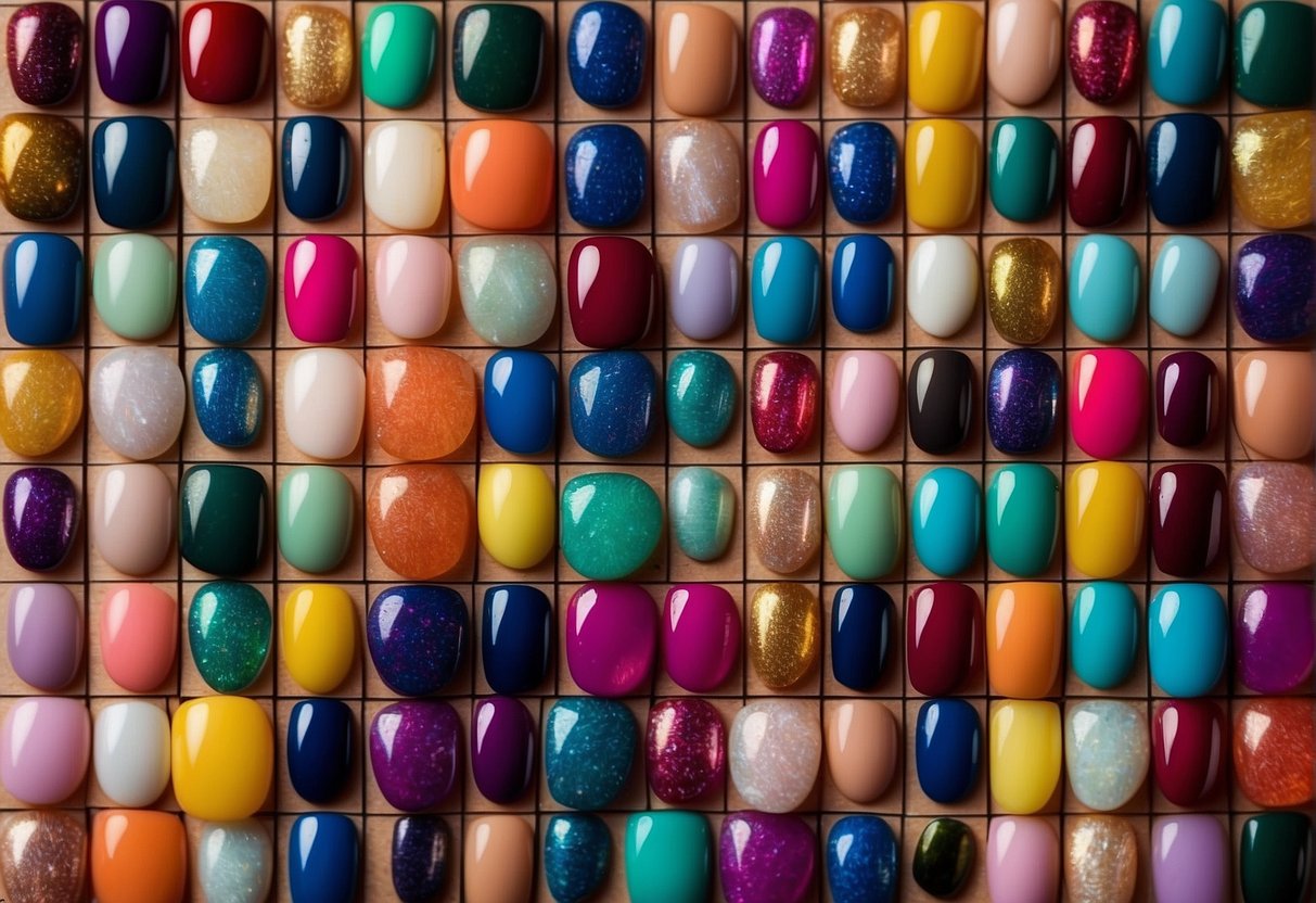 A colorful array of nail shapes and lengths arranged in a grid pattern, showcasing the top 20 nail designs for 2024