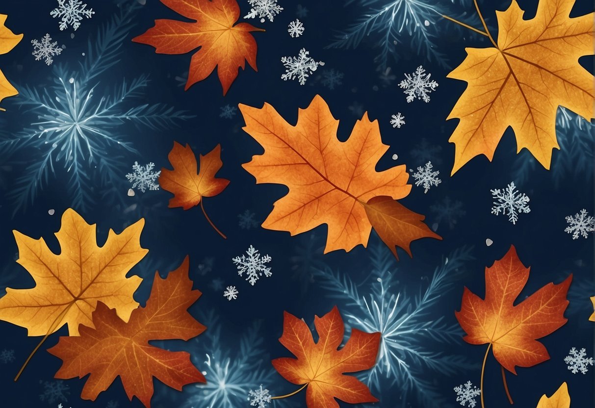 Vibrant fall leaves and snowflakes intertwine on a deep blue background, showcasing the seasonal transition in a nail design for 2024