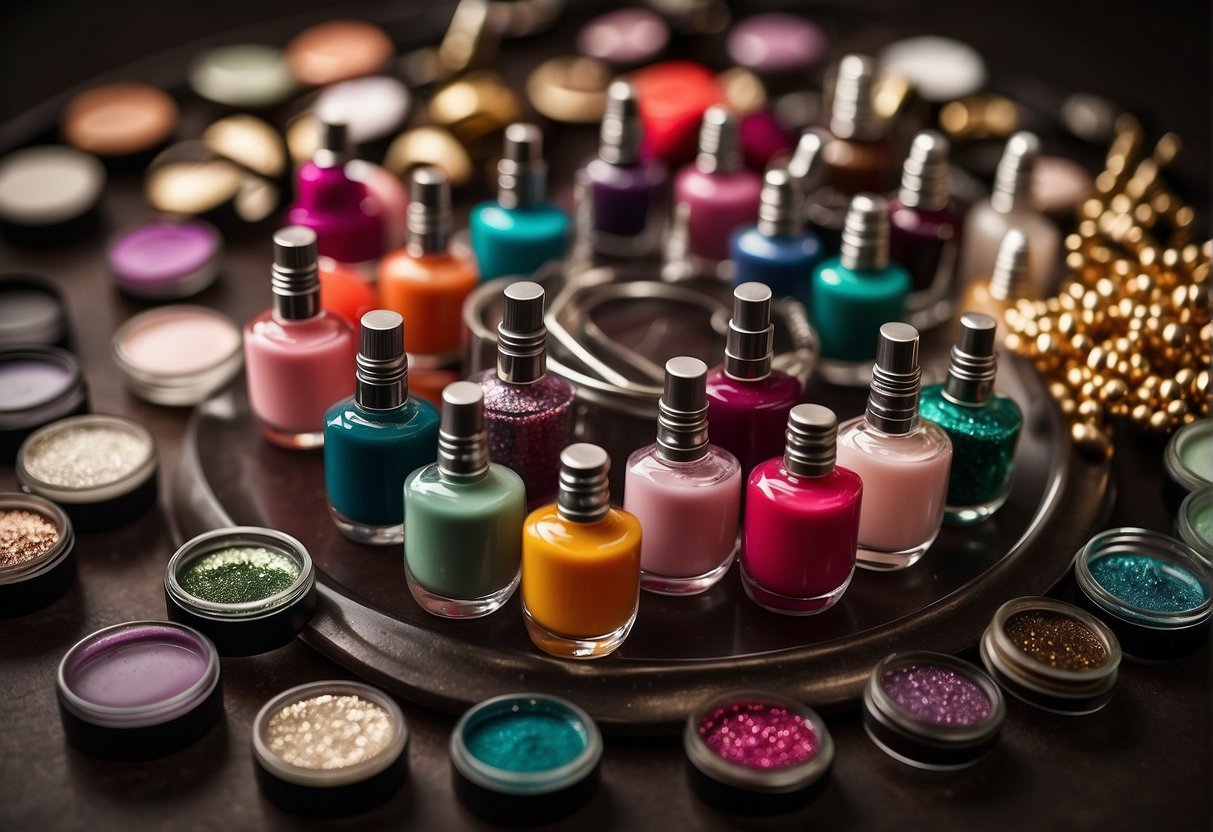 A table with various nail polish bottles, nail art tools, and a color wheel. A poster showcasing the top 20 nail designs for 2024