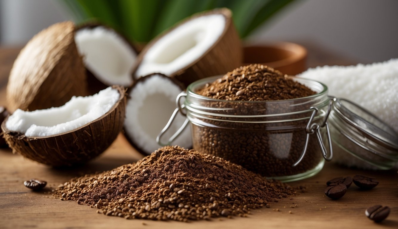 Coffee grounds mixed with coconut oil and used as a natural exfoliating scrub on a bathroom counter