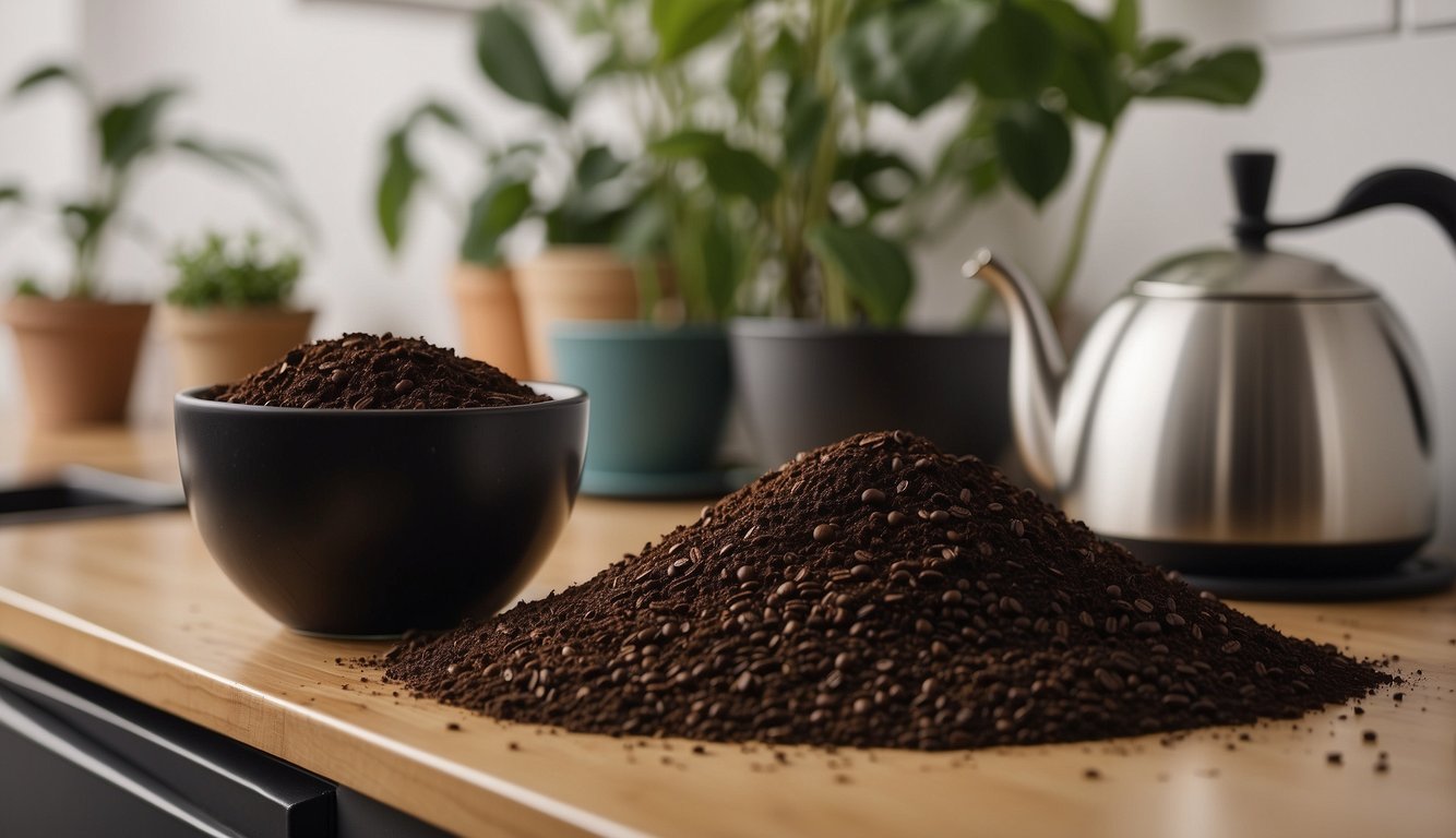 Unused coffee grounds scattered on a kitchen counter, next to a potted plant and a compost bin