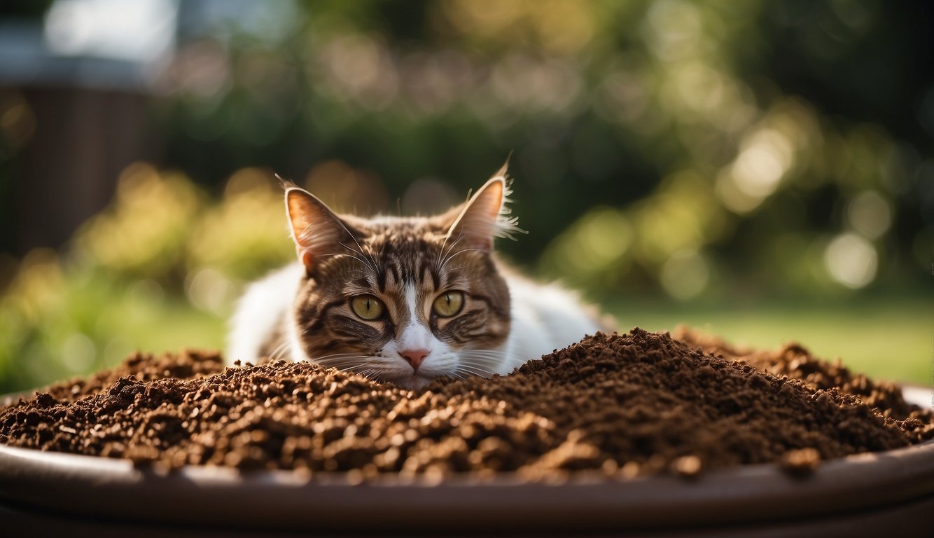A dog bed filled with used coffee grounds. A cat scratching post sprinkled with coffee grounds. A garden with coffee grounds as fertilizer