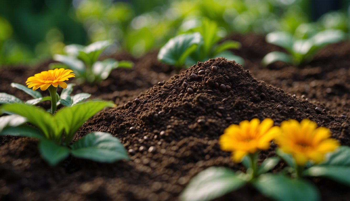 Coffee grounds repurposed as natural fertilizer, reducing waste and enriching soil. Plants thriving in a garden with vibrant green leaves and colorful blooms