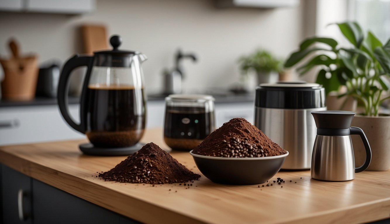 A pile of unused coffee grounds sits on a kitchen counter, next to a compost bin and a small potted plant. A coffee maker and a bag of coffee beans are visible in the background
