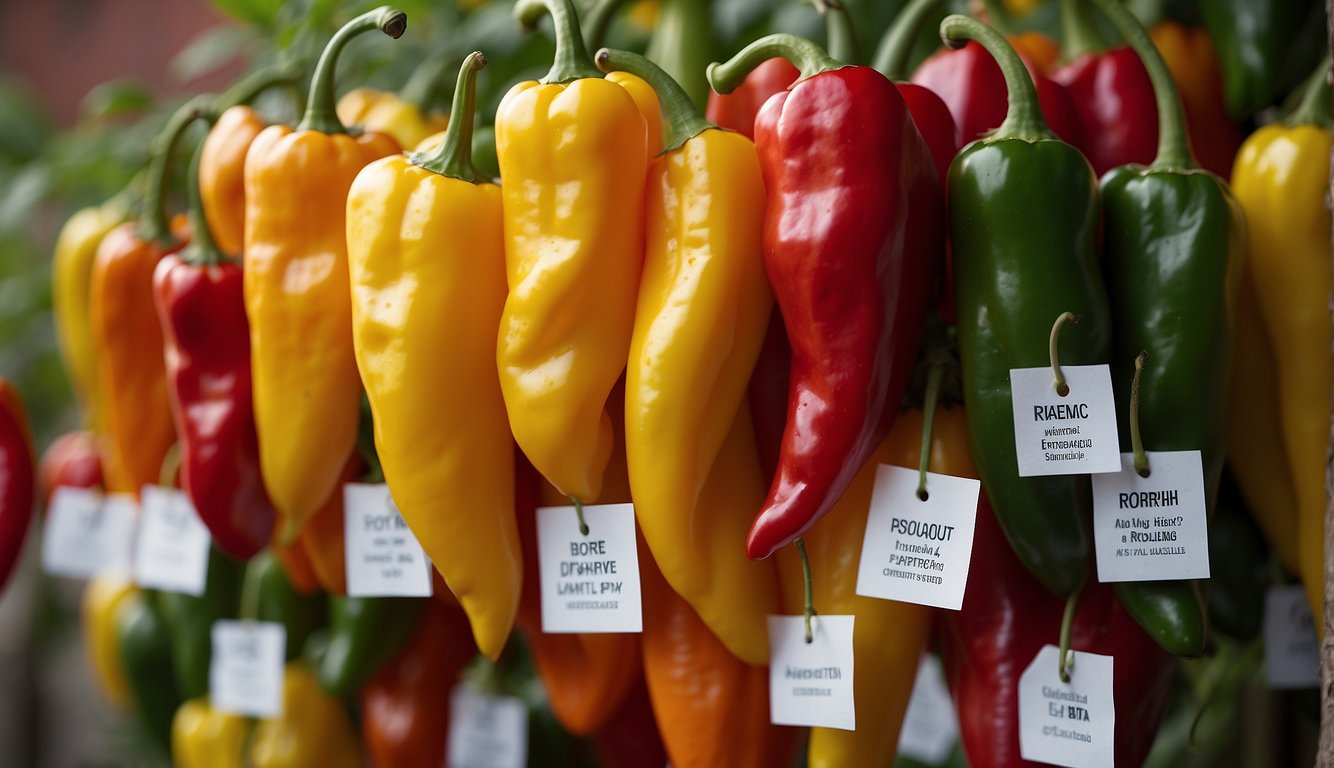A variety of colorful hot peppers displayed in a garden setting, with labels indicating their names and ease of growth
